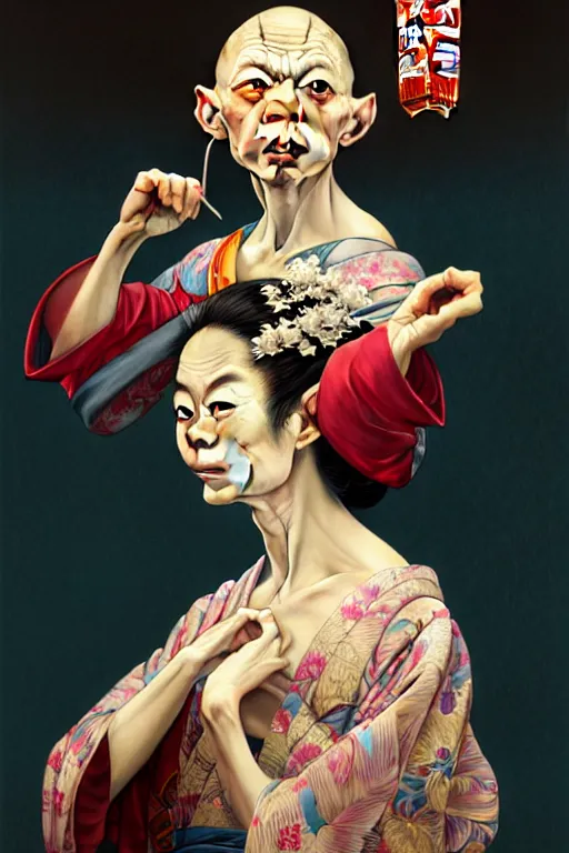 Image similar to clear portrait of gollum dressed as a japanese geisha, background hyper detailed, character concept, full body, dynamic pose, glowing lights, intricate, elegant, highly detailed, digital painting, artstation, concept art, smooth, sharp focus, illustration, art by artgerm and greg rutkowski and alphonse mucha