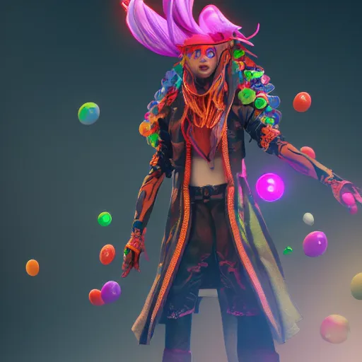 Image similar to candypunk sorcerer, character design, high quality digital art, render, octane, redshift, volumetric lighting, oled