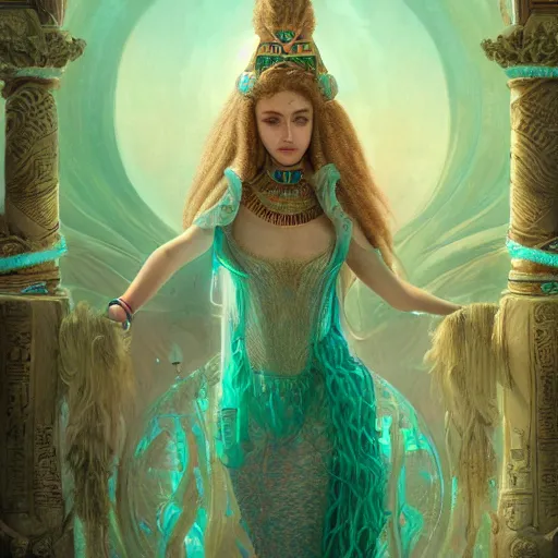 Image similar to octane render, artstation, 8 k, intricate detail, hyper detail, portrait by gaston bussiere, greg rutkowski, sandro botticelli, tan lady of elche egyptian sumerian techno mystic goddess princess intergalactica inanna with aqua neon rapunzel dreadlocks,