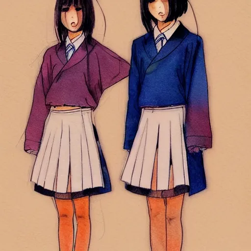 Image similar to a perfect, realistic professional digital sketch of two 90s Japanese schoolgirls posing, in style of Marvel, full length, by pen and watercolor, by a professional American senior artist on ArtStation, a high-quality hollywood-style sketch, on high-quality paper