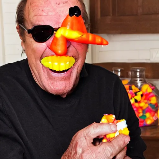 Image similar to jack nicholson maniacally eating fists full of candy corn while in a whole room full of candy corn