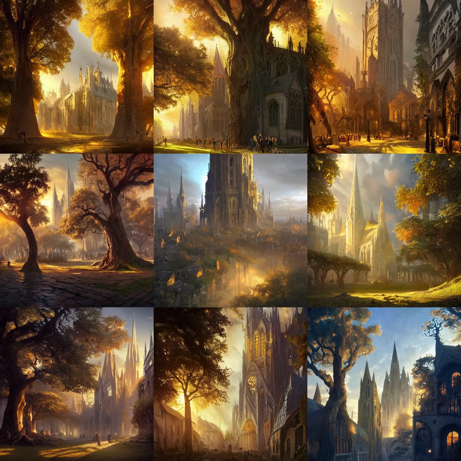 Prompt: an oversized oak tree is standing in the middle of a sprawling medieval city with many houses and cathedrals. tree is emitting a mysterious golden light. golden hour. detailed matte painting by stephan martiniere, enchanting moody fantasy art. concept art, trending on artstation