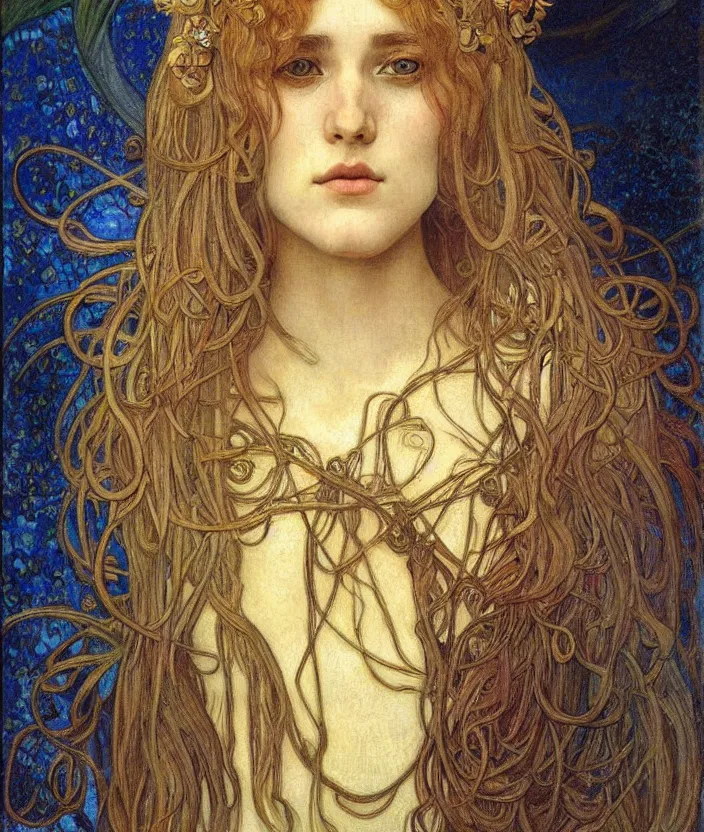 Image similar to detailed realistic beautiful young medieval queen face portrait by jean delville, alphonse mucha, vincent van gogh, and marco mazzoni, art nouveau, symbolist, visionary, gothic, pre - raphaelite