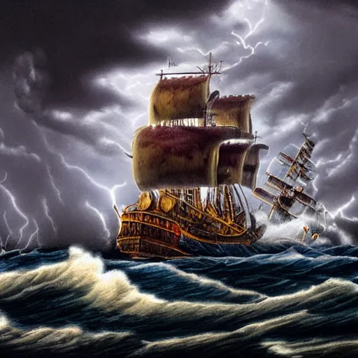 Image similar to a highly detailed hyperrealistic scene of a ship being attacked by giant squid tentacles, jellyfish, squid attack, dark, voluminous clouds, thunder, stormy seas, pirate ship, dark, high contrast