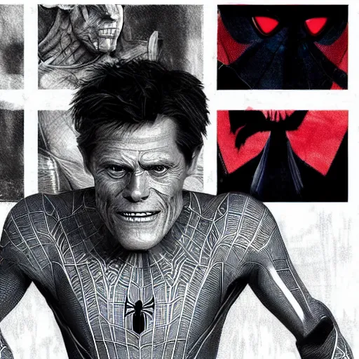 Prompt: Concept Art of Willem Dafoe playing Spider-Man, Art Station