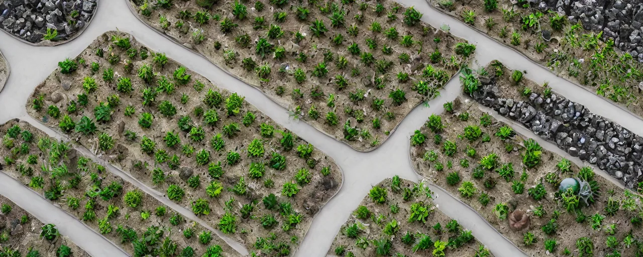 Prompt: aerial view of desert terraformation project, venus project, with snail-shaped biomimetic architecture, vertical vegetable gardens, robotic drones, XF IQ4, 150MP, 50mm, F1.4, ISO 200, 1/160s, natural light