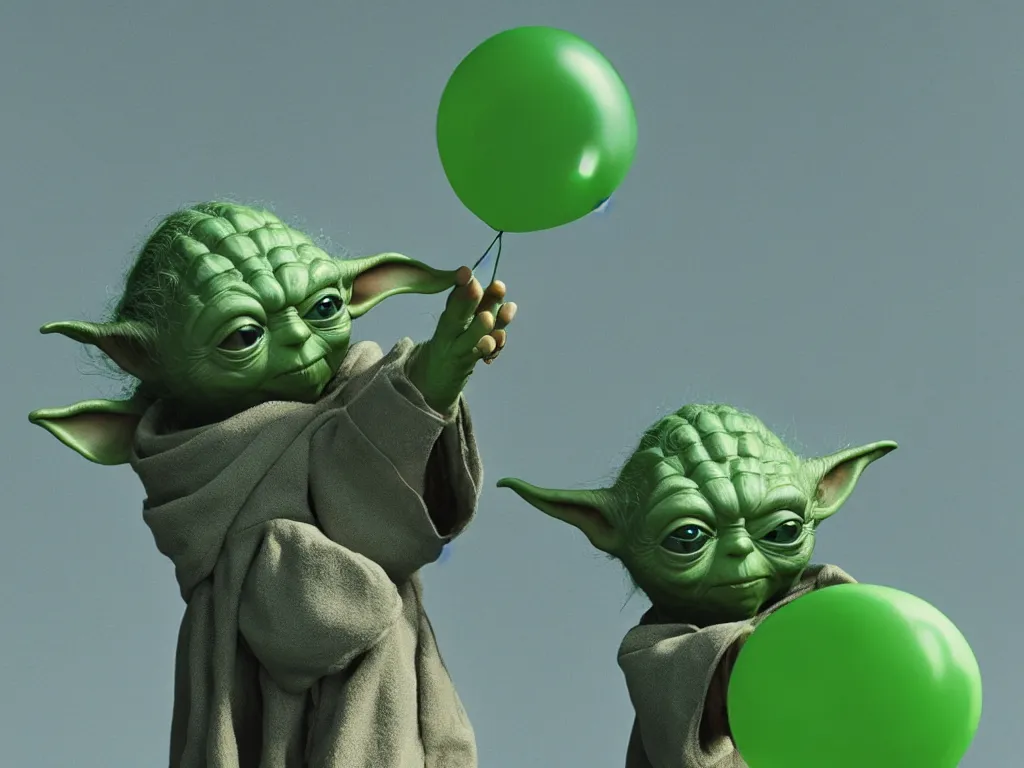 Image similar to a photo of yoda holding a green balloon in the tokyo suburbs by wes anderson, highly detailed, trending on artstation