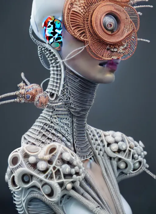 Image similar to portrait of an absurdly beautiful, graceful, sophisticated, fashionable cyberpunk mechanoid, hyperdetailed illustration by irakli nadar and alexandre ferra, intricate linework, white porcelain skin, faberge, coral headdress, unreal engine 5 highly rendered, global illumination, radiant light, detailed and intricate environment