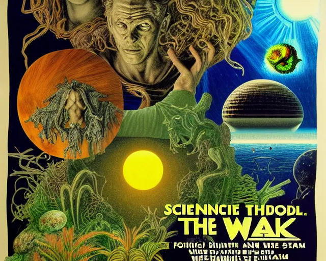 Prompt: 1989 science fiction movie poster, cut out, classic Roman mythology, break of dawn on Venus, epic theater, deep jungle creatures, aquatic plants, drawings in style of Terry Gilliam, composition William S Boroughs, written by Michael Ende