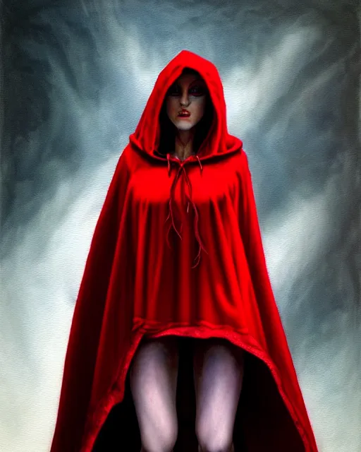 Prompt: hyperrealistic mixed media painting of beautiful little Red Riding Hood, pale smooth skin, full body, crimson red hooded robes, shadowy wolf in background, stunning 3d render inspired art by P. Craig Russell and Barry Windsor-Smith + perfect facial symmetry + dim volumetric lighting, 8k octane beautifully detailed render, post-processing, extremely hyperdetailed, intricate, epic composition, grim yet sparkling atmosphere, cinematic lighting + masterpiece, trending on artstation, very very detailed, masterpiece, stunning