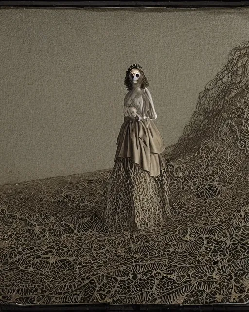 Prompt: a woman standing by the sea, made of intricate decorative lace leaf skeleton, in the style of the dutch masters and gregory crewdson, dark and moody