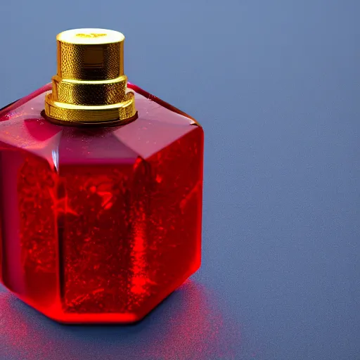 Prompt: The legendary Blood Red Sparkling fuming health potions of life in a hexagonal shaped bottle with golden lace. Wide-angle 15mm lense, Photorealistic render in octane, hard contrast, sharp white top right light, soft blue backlit