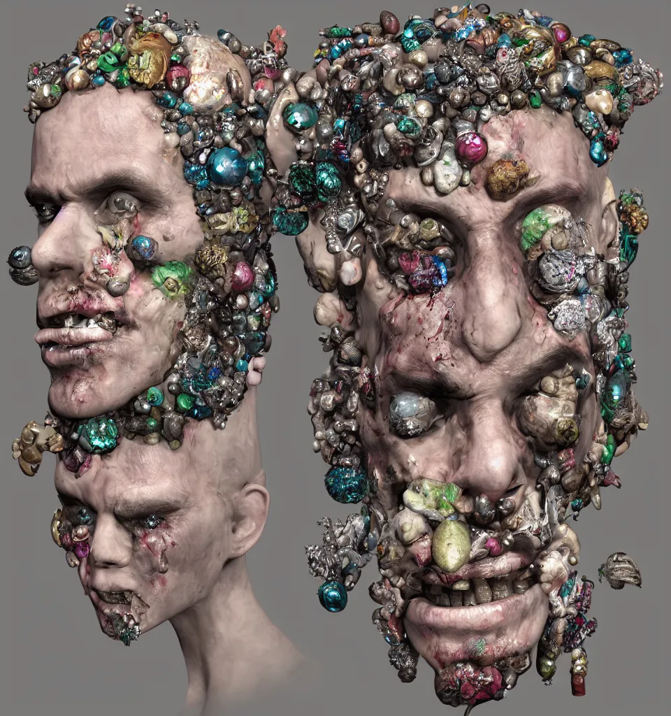 Prompt: portrait headshot of a zombie punk encrusted with gems seashells and crystals, photorealistic, dynamic lighting, action figure, clay sculpture, claymation, gradient studio background, trending on artstation