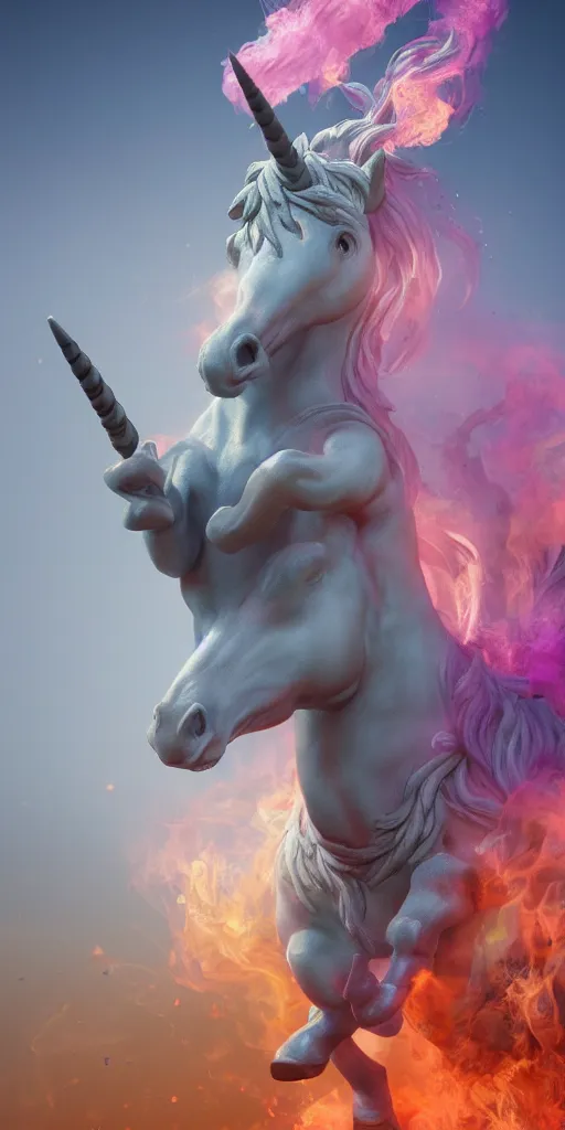 Image similar to a statue of a ramping unicorn sourrounding by a colorful smoke, victorian baroque, hyperrealistic, detailed, depth of field, High definition, 8k, depth of field, octane render, artstation