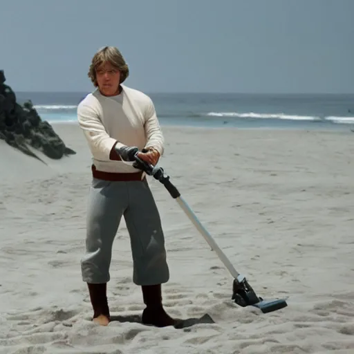 Image similar to Luke Skywalker vacuuming the beach to remove sand, ultra realistic, professional photo, 8k, Mark Hamill face,