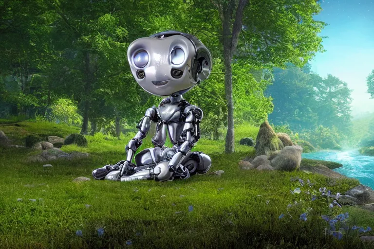Image similar to professional photo of highly-detailed robot sitting cross-legged with its head pointing down, on a small hill, in a fantasy forest with blooming trees and surrounded my wildlife, river flowing beside the robot, 4k, highly detailed, Unreal Engine