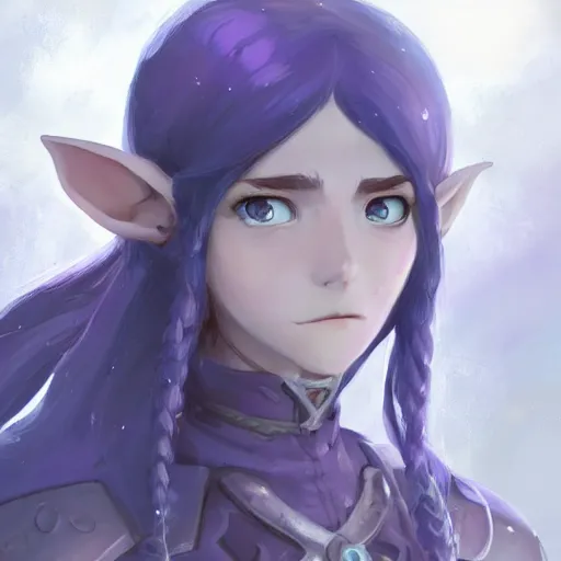 Image similar to an elf girl with grey skin with blues and long purple hair, wearing armor, ice background, highly detailed, digital painting, artstation, matte, by makoto shinkai, animation style, studio ghibli, anime key visual