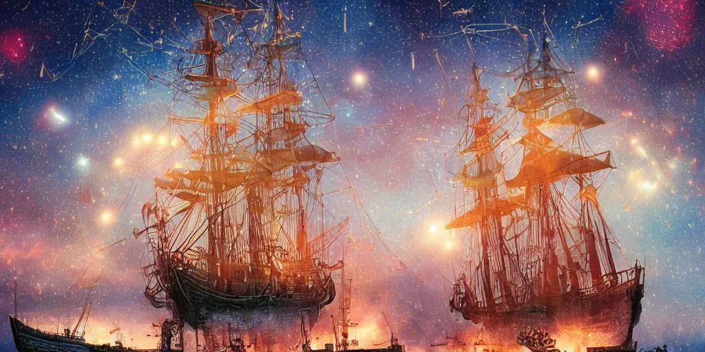 Prompt: a lone giant steampunk tall - ship made of wrought - iron sailing through nebulae, gossamer woven sails and surrounded by millions of stars, bokeh, ray tracing, hyperrealistic digital painting, colorful masterpiece by studio ghibli