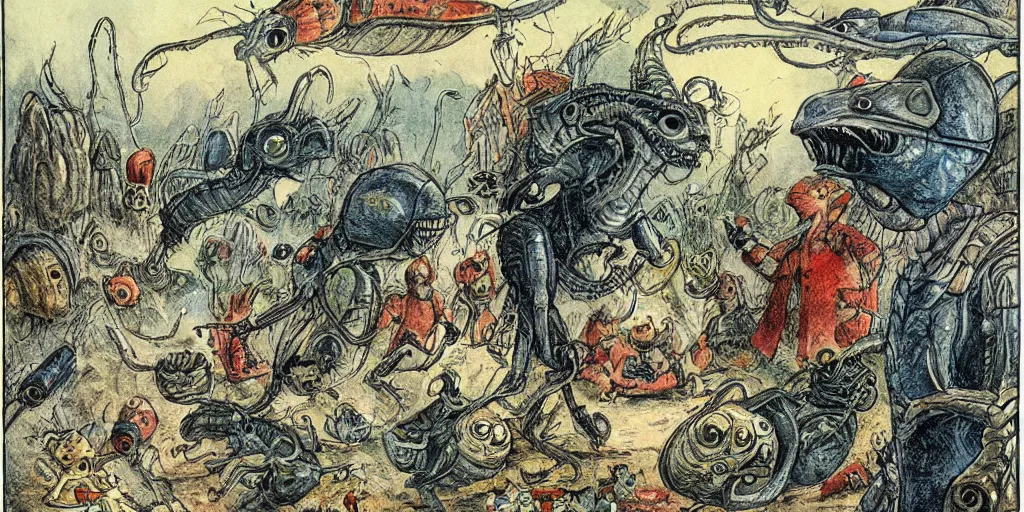 Image similar to alien invasion, illustrated by peggy fortnum and beatrix potter and sir john tenniel