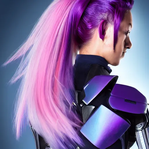 Image similar to a award winning action upper body portrait of a beautiful woman with a ombre purple pink hairstyle with head in motion and hair flying while wearing futuristic navy blue bodyarmor and pauldrons, outrun, vaporware, highly detailed, fine detail, intricate