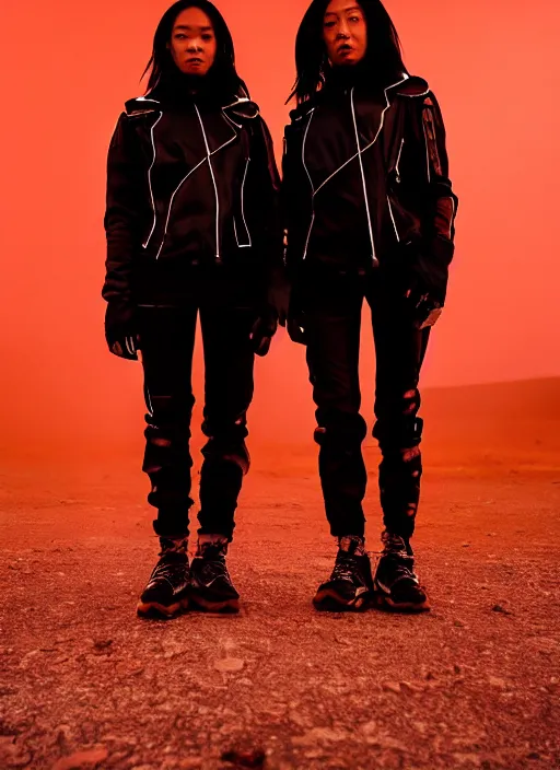 Image similar to photographic portrait shot on cinestill 5 0 d of two loving clones, women wearing black techwear on a desolate plain with a red sky, closeup, diverse race, cyberpunk, in front of a brutalist dark metal facility, dust storm, 3 5 mm, 8 k, depth of field, high resolution, ultra realistic faces