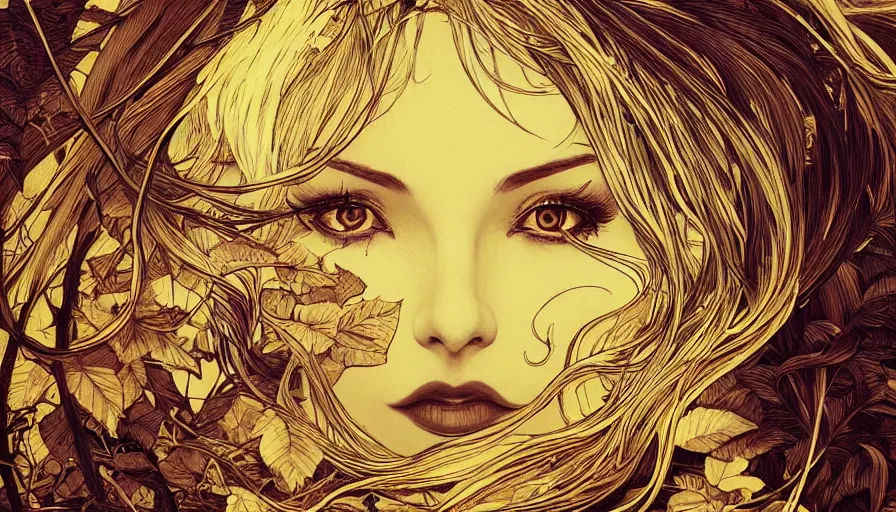 Prompt: golden leaves at frame border, moon, creative!!! composition for a book cover!!!, absurdly beautiful, ultrafine hyperrealistic detailed old!! witch face by wlop and artgerm and alphonse mucha, intricate linework, sharp focus, smooth, octopath traveler, final fantasy, unreal engine, dramatic lighting, ethereal, 8 k