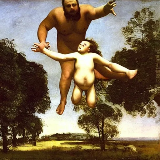 Prompt: obese father jumping on a trampoline with his children, painting by courbet