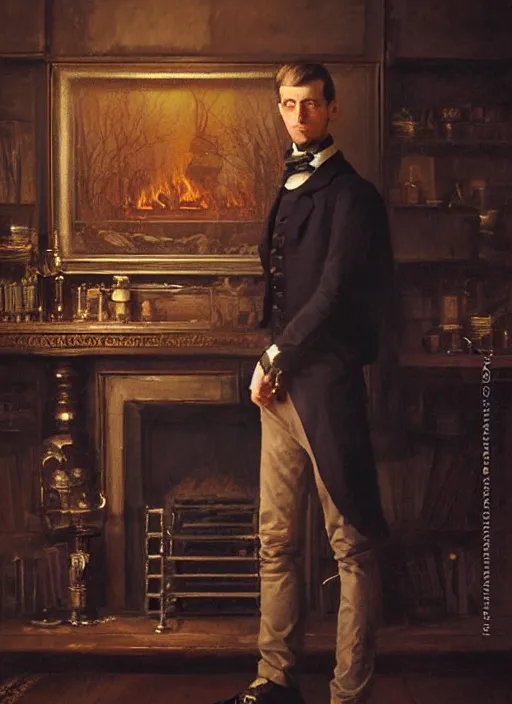 Prompt: portrait of a victorian gentleman standing beside a fireplace, male, detailed face, victorian, highly detailed, cinematic lighting, digital art painting by greg rutkowski