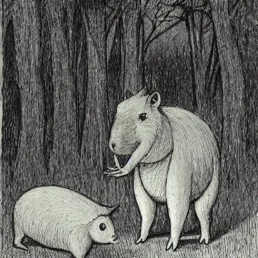 Image similar to capybara, style of kentaro miura, in a spooky forest