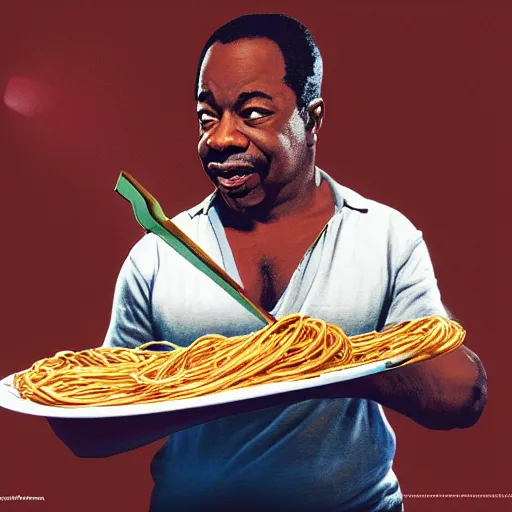 Image similar to levar burton eating spaghetti in a bathroom concept art, ultra realistic, digital art, rich deep colors, smooth shadows, high resolution, cinematic