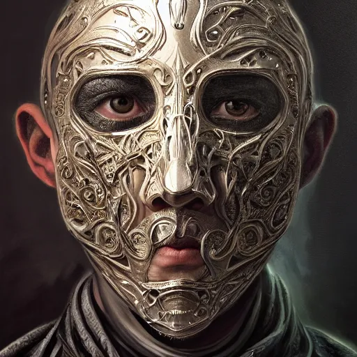 Prompt: Very very very very highly detailed epic central composition portrait of face with venetian mask, intricate, dystopian, sci-fi, extremely detailed, digital painting, artstation, concept art, smooth, sharp focus, illustration, intimidating lighting, incredible art by Tokujin Yoshioka and Anton Pieck