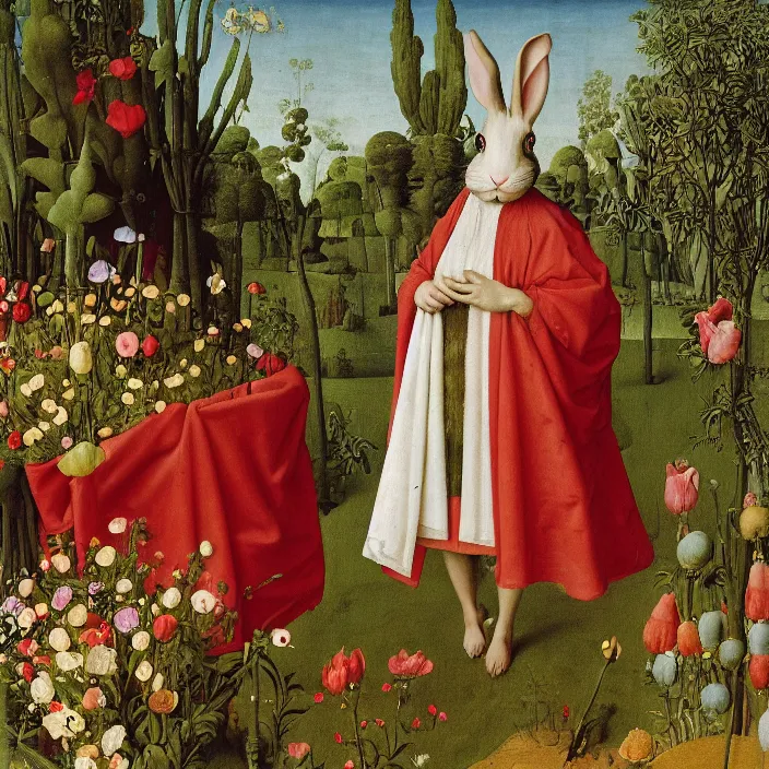 Image similar to a rabbit wearing a cloak of flowers, in a swimming pool, by jan van eyck