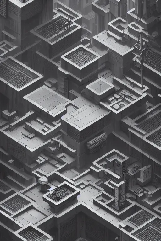 Prompt: Isometric landscape of a dull, incoherent, escher, monochromatic, dystopian, dreadful, sad cyberpunk city illustrated by Greg Rutkowski, trending on artstation, artstationHD, artstationHQ, 4k, 8k.