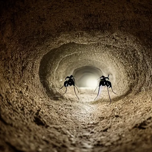 Prompt: cinematic photo of humans wearing realistic ant costumes in an underground dirt tunnel. several tunnel exits lead off in different directions. at the side of the tunnel are very large white pulsating ant larvae.