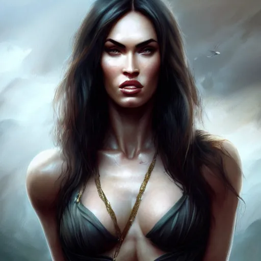 Image similar to portrait of megan fox, muscular upper body, fantasy, intricate, elegant, highly detailed, digital painting, artstation, concept art, matte, sharp focus, illustration, art by aenaluck and roberto ferri and greg rutkowski, epic fantasy, digital painting