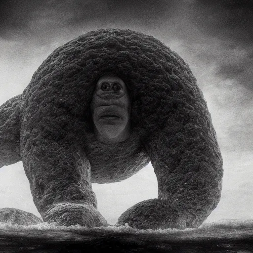 Prompt: a gigantic cyclope emerging from underwater, gazing to the darkened sky, old 3 5 mm, black and white, photorealistic