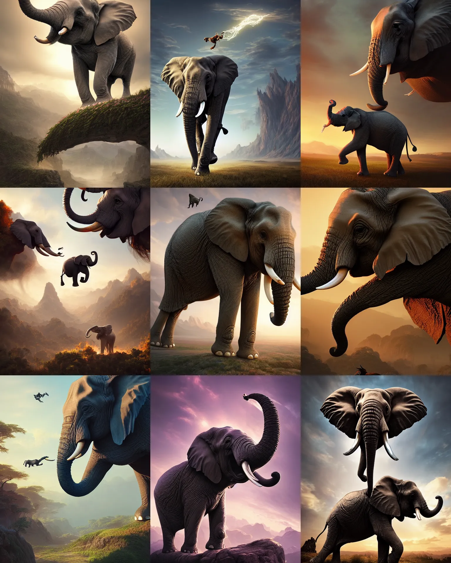 Prompt: elephant galloping in the air, fantasy, intricate, epic lighting, cinematic composition, hyper realistic, 8 k resolution, unreal engine 5, by artgerm, tooth wu, dan mumford, beeple, wlop, rossdraws, james jean, marc simonetti, artstation