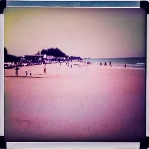 Image similar to a pastel colour Polaroid photo from a holiday album at a seaside, all objects made of transparent iridescent Perspex no people, nostalgic