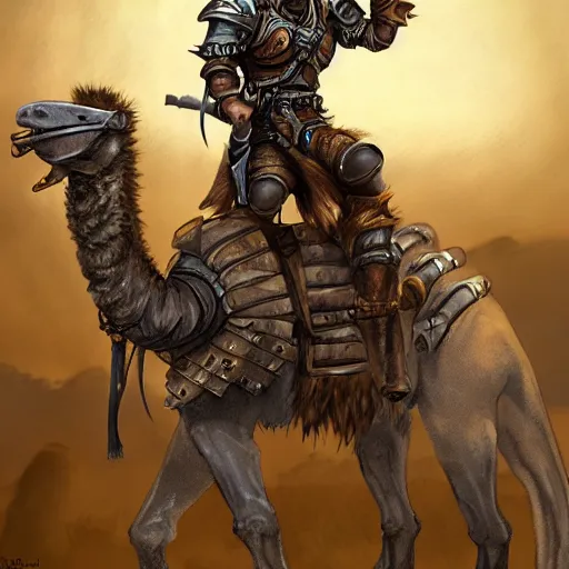 Image similar to Gnoll, metal armor, lance, riding a camel, D&D, fantasy, digital art