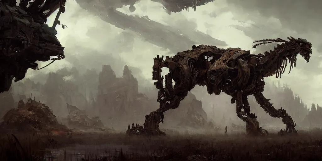Image similar to beautiful painting by jeremy mann, a mechanical jaguar creature of horizon forbidden west horizon zero dawn, concept art by artgerm and greg rutkowski, fantasy, desaturated, ominous, unsettling, sharp focus, octopath traveler, unreal engine highly rendered, global illumination, dramatic lighting, misty, 8 k
