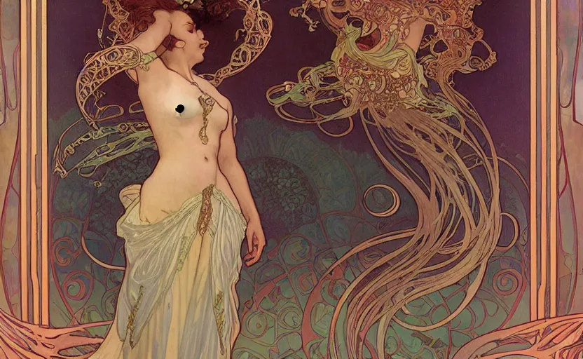 Image similar to the empress of the jellyfish, art nouveau, by alphonse mucha, Stanley Artgerm Lau , greg rutkowski, thomas kindkade, , loish
