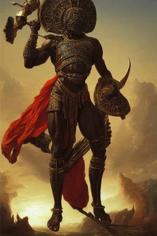 Image similar to a powerful and muscular male african warrior, ornate armour, realistic oil painting by Thomas Cole and Wayne Barlowe