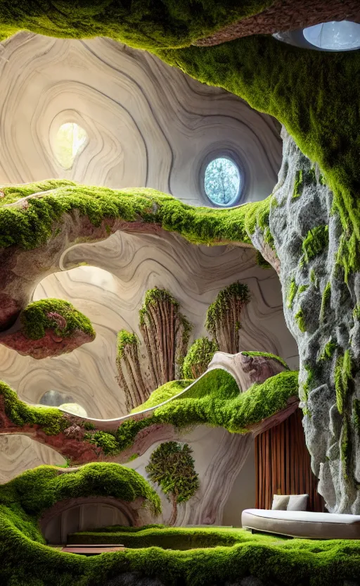 Prompt: highly detailed villa natural beautiful light interior soft cinematic composition of a smooth ceramic porcelain biomorphic magnolia stone nebula fluid sci - fi surreal colorful architecture landscape, furniture, granite, trees, marble, moss, lichen, fungi, vincent callebaut composition, mamou - mani, archviz, 8 k, unreal engine, hdr