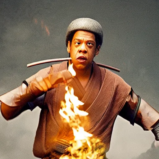 Prompt: cinematic film still of JAY Z starring as a Samurai with fire, Japanese CGI, VFX, 2003, 40mm lens, shallow depth of field,film photography