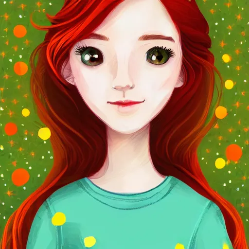 Prompt: portrait of a red haired girl softly smiling among fireflies, with long hair, green eyes, round face, hint of freckles, colorful pixel art