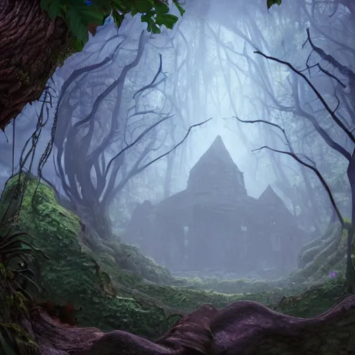 Image similar to giant ancient castle in an forest with some ivy plants on the walls, cinematic, epic, dramatic lighting from above, dark, vines, fantasy, dust, unreal engine, octane, highly detailed, concept art, dark, super realistic