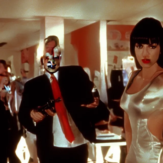 Prompt: film still from Pulp Fiction (1994) but every character is Donald Trump