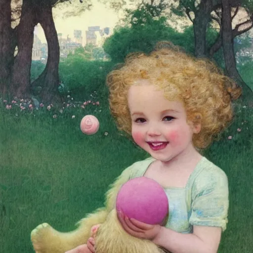 Image similar to a beautiful smiling little [[[[[[[[blonde toddler]]]]]]]]] girl with short loosely curly hair, at the park on a beautiful day, holding a round all-pink stuffed penguin, by Artgerm, Mucha Klimt, Hiroshi Yoshida and Craig Mullins, featured on Artstation, CGSociety, Behance HD, Deviantart