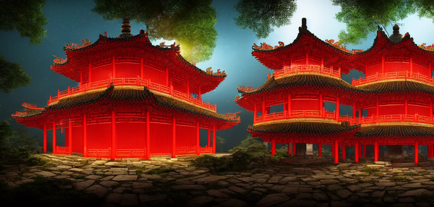 Image similar to a traditional chinese building in the forest at night, big round glowing multicoloured portal house, central symmetrical composition, incredible, vector art, octane render, fabulous, hyper detailed, random cinematic view, no noise, global illumination, warm lighting, volumetric, godrays, vivid, beautiful, by jordan grimmer