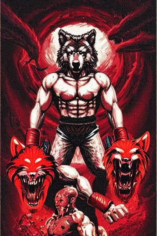 Image similar to extreme long shot. 8 bit nes graphics. antropomorphic muscular masculine wolf. kickboxer fighter, in shorts. wolf head. angry. fine details, very sharp, art from nes game cartridge, 8 0's, vhs artefacts, vaporwave style, marc simonetti and hermann nitsch and anish kapoor.